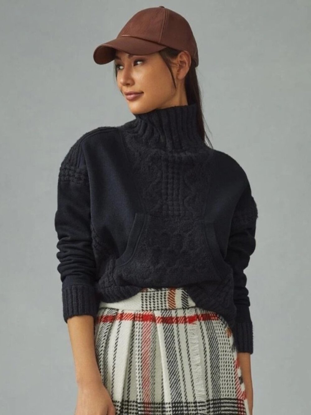 Anthropologie Daily Practice Cable Knit Mock Neck Sweatshirt Sweater Sz M Navy